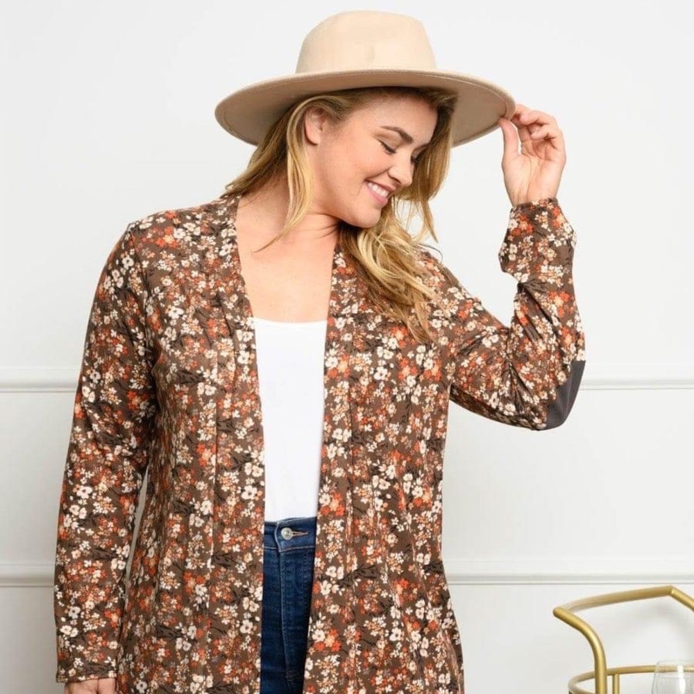 New Cute Boutique Brown floral elbow patch cardigan